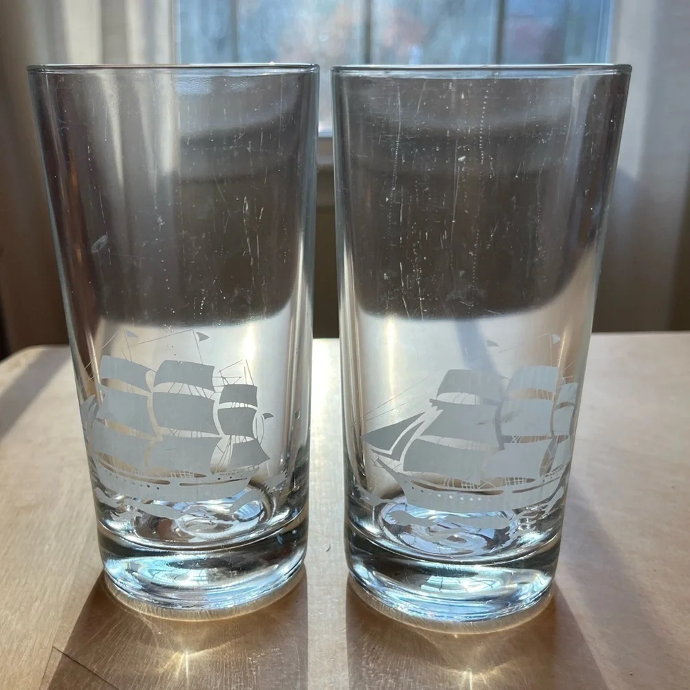 Vintage Schooner Sailing Ship Tumblers Glasses 12 oz. set of Two
